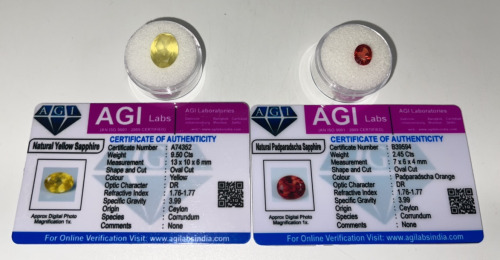 2 Certified Natural Gemstones 1 9.50ct Natural Yellow Sapphire, 1 2.45ct Natural Padparadscha Sapphire … Both With COA