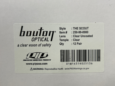 (2) Boxes of Bouton Optical Clear Uncoated Safety Glasses (24 Pairs Total)