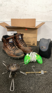 MSR Whisperlite Stove // Size 11 Steel Toe Boots// Fine Pix Camera