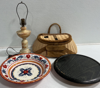 Vintage Fishing Creel Basket, Stone Lamp, Decorative Bowl and A Lazy Susan