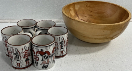 Wooden Kitchen Bowl and (6) Matching Mugs