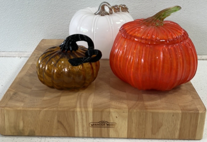 Mountain Woods Thick Cutting Board and (3) Decorative Glass Pumpkins