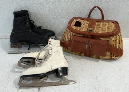 Antique Fishing Creel Basket and (2) Pairs of Vintage Ice Skates