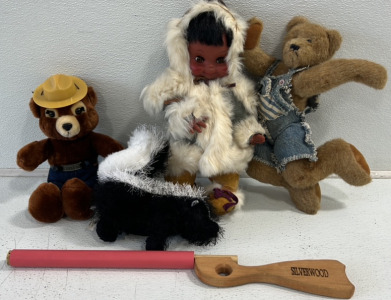 (3) Stuffed Animals (1) Native Inspired Doll and A Wooden Toy Gun