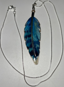 (1) Golden Blue Enameled Metal Feather Silver Necklace .925