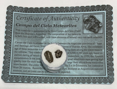 (1) 2.49g. Meteorite-Space Rock From Campo Del Cielo, Argentina W/ COA