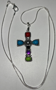 (1) Rainbow Turquoise Tibetan Silver Cross Gemstone Silver Necklace .925