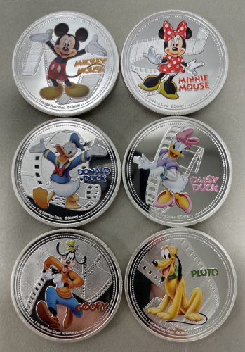 (6) Disney Character/New Zealand Elizabeth II Collectible Silver Plated 1oz Coins 2020… Mickey, Minnie, Donald, Daisy, Pluto, Goofy