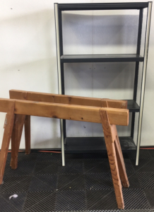 4-Shelf Shop Rack ; (2) Wood Sawhorses
