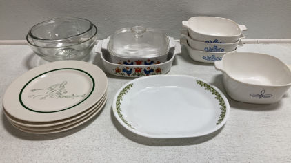 (2) Glass Mixing Bowls, (6) CorningWare Bakeware, Corelle Platter Plate, Set of 4 Ski Dinner Plates