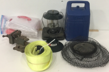 (1) Coleman Gas Lantern With Hard Plastic Carry Case (1) Heavy Duty Moving/Towing Strap (1) Vintage Littlestown Bench Vise (1) Drinking Water Storage Tank With Pump (1) Crabbing Cage