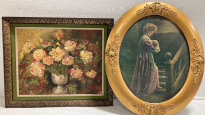 Framed Floral Painting, Framed Woman w/ Baby Print