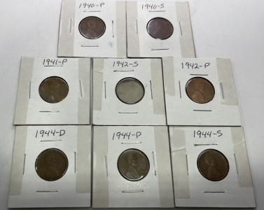 (8) P,D,S Grade Lincoln Head Wheat Cents 1940-1944 Carded