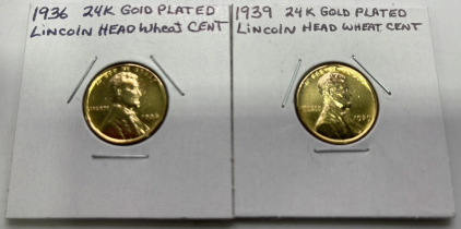 (2) 24k Plated Lincoln Head Wheat Cents 1936/1939 Carded (Philadelphia Mint)