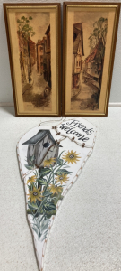 (2) Framed Street Drawings Print, (1) Wood Painted Heart
