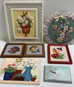 (4) Framed Embroidery and Cross Stitch, (2) Painted Wood Plaques, Fabric Wall Art