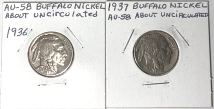 (2) AU-58 Buffalo Nickels Carded (Uncirculated) 1936/1937