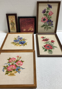 (4) Framed Floral Embroidery, (2) Framed Bath Art