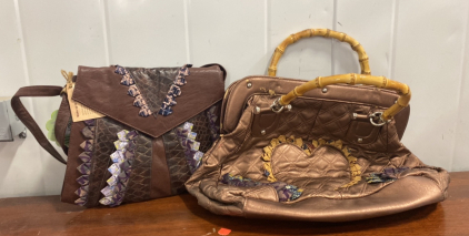 (1) Dark Brown Small Crossbody Purse, (1) Medium Brown Heart Bamboo Handle Tote Purse