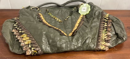 (1) Very Large Olive Green Leather Travel Tote Bag Style Purse NEW With Tags