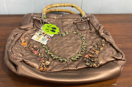 (1) Metallic Dark Brown Leather Tote-style Bag With Sewn in Heart and Colorful and Designful Fabric Linings