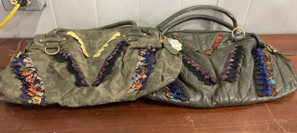 (2) Semi-Matching Tote Bag Style Purses Leather Olive/Army Green With Vibrant Colorful Fabric Linings