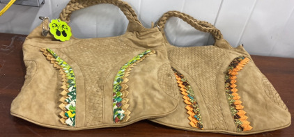 (2) Beige Orange and Green Homeade Totebags