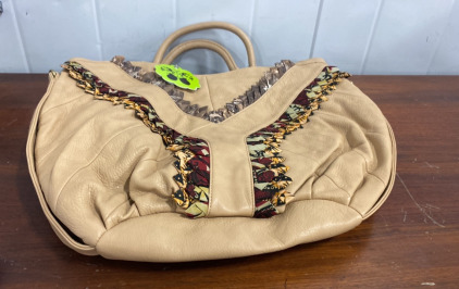 (1) Very Large Beige Leather Tote Bag With Colorful Fabric Lining