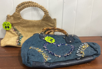 (1) Denim Heart Purse With Bamboo Handles, (1) Beige Tote Bag