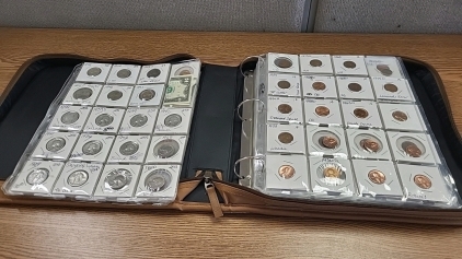 Quarters, Nickels, Dimes, Pennies and $2 Bill in Leather 3 Ring Binder