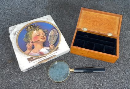 (Vintage) Edwin M. Knowles China Co.* “Making Believe At The Mirror” By Norman Rockwell Decortive Plate, Wood Jewlery Box, Handheld Magnifying Glass [B]