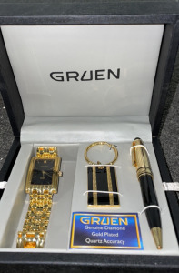 Gruen* Genuine Diomond Gold Plated Quartz Accurate Watch With Keychain And Pen [MO]