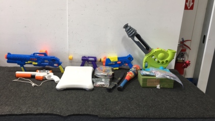 (2) Kids Air Warriors Nerf Guns, (1) Kids Power Popper Gun, (1) Wii Game Board, Cabelas Wii Shot Gun, and More