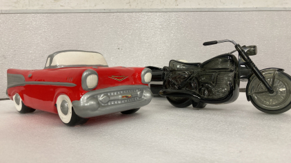 (2) Car Planters// Glass Motorcylce bottle // Model Car// Small Man Playing Flute Statue