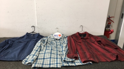 (2) Mens Button Up Plaid Shirts and (1) Mens Light Weight Blue Coat