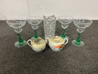 Margarita Glasses, Glass Pitcher and Pair of Sugar and Creamer Bowls