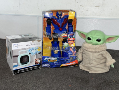 Mainstays* Mini Air Cooler, Baby Yoda Toy, and Adventure Force* Astrobot 2.0 Toy [C]