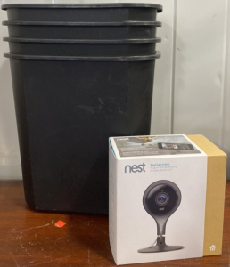 (4) Small Black Trash Cans, (1) Nest Cam Indoor