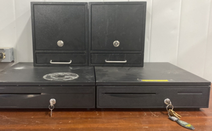 (2) Small Multi Section Lock Money Boxes, (2) Large Money Lock Boxes Metal Black