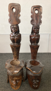 1980s Hand-Carved Dark Wood Candle Sconces with Caribbean Women in Headdress - a Pair