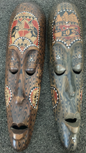 Pair Of 20&rdquo; Wooden Painted Masks With Mother Of Pearl Inlay
