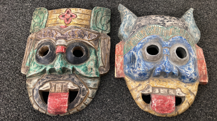 (2) Wood Carved Nepali Face Masks