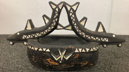 Carved Wood Vessel With Mother Of Pearl Inlay