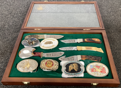 Display Case With Hunting Heritage Collection Knives And Belt Buckles