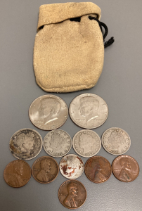 Vintage Leather Coin Purse With Silver Coins And Wheat Pennies