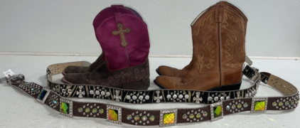 (2) Pair Of Women&rsquo;s Cowboy Boots, (2) Women&rsquo;s Bedazzled Belts