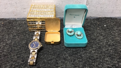Guess Watch, Pair Of Clip On Turquoise Earrings, And A Little Jewelry Box.