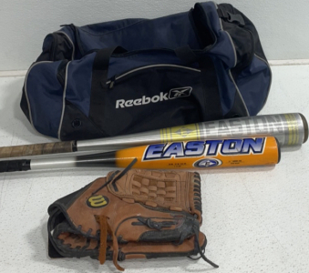 Easton* High Performance Alloy Baseball Bat, Easton* Reflex Alloy Baseball Bat, Wilson Baseball Mitt, And Reebok Duffle Bag