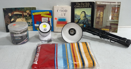 (5) Books (3) Light Fixtures, (1) Towel