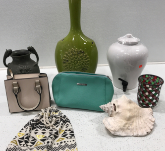 (3) Purses. White Glass Pitcher. Vase From Mexico. Green Flower Vase. Red And Green Vase. Conch Shell.